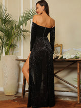 So Lavish Black Sequin Bardot Double Split Maxi Dress - Fashion Genie Boutique