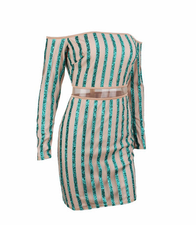 Walk the Line Green Bardot Glitter Mini Dress - Fashion Genie Boutique