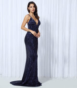 Goal Digger Navy Embellished Sequin Maxi Party Gown Dress - Fashion Genie Boutique