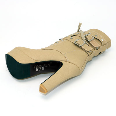 Lady Tan Studded Lace-up Round Toe Women's Ankle Boots - Fashion Genie Boutique