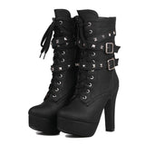 Lady Tan Black Studded Lace-up Round Toe Women's Ankle Boots - Fashion Genie Boutique