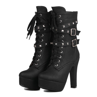 Lady Tan Black Studded Lace-up Round Toe Women's Ankle Boots - Fashion Genie Boutique