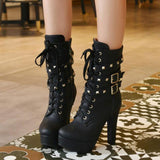 Lady Tan Black Studded Lace-up Round Toe Women's Ankle Boots - Fashion Genie Boutique