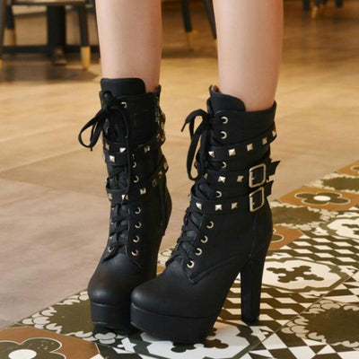 Lady Tan Black Studded Lace-up Round Toe Women's Ankle Boots - Fashion Genie Boutique