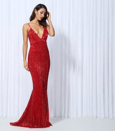 Goal Digger Red Embellished Sequin Maxi Party Gown Dress - Fashion Genie Boutique