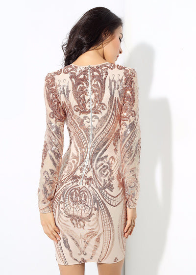 Honey Crush Rose Gold Sequin Long Sleeve Mini Dress - Fashion Genie Boutique