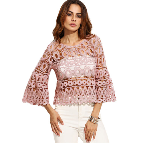 Bell Me Pink Crochet Flare Sleeve Top - Fashion Genie Boutique