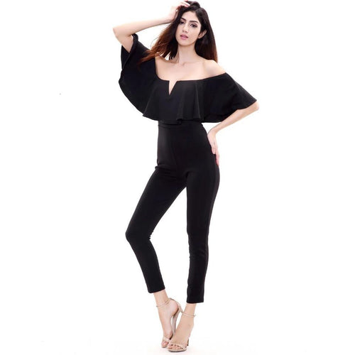 On Frill Alert Black Frill Bardot Jumpsuit - Fashion Genie Boutique