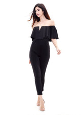 On Frill Alert Black Frill Bardot Jumpsuit - Fashion Genie Boutique