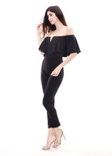 On Frill Alert Black Frill Bardot Jumpsuit - Fashion Genie Boutique