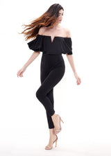 On Frill Alert Black Frill Bardot Jumpsuit - Fashion Genie Boutique