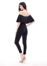 On Frill Alert Black Frill Bardot Jumpsuit - Fashion Genie Boutique