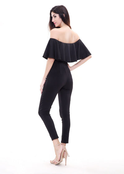 On Frill Alert Black Frill Bardot Jumpsuit - Fashion Genie Boutique