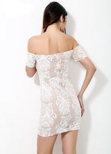 Born To Love White And Nude Lace Embroidered Bardot Mini Dress - Fashion Genie Boutique