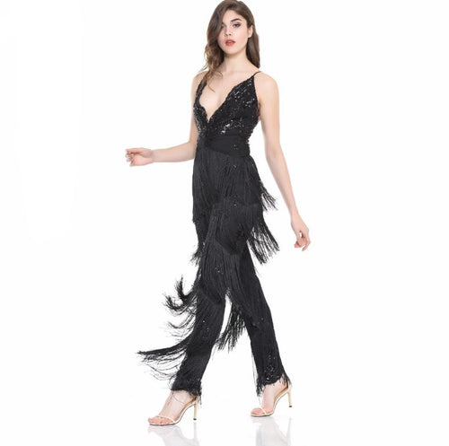 Black Beauty Sequin Tassel Jumpsuit - Fashion Genie Boutique