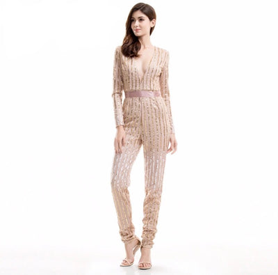 Go Gorgeous Gold Striped Sequined V-Neck Jumpsuit - Fashion Genie Boutique