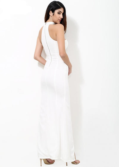 Lanchana White Strapless Choker Neck Split Maxi Dress - Fashion Genie Boutique