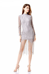 Sweet Like Honey Grey Long Sleeved Fringed Hem Mini Dress - Fashion Genie Boutique