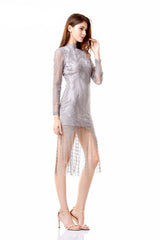 Sweet Like Honey Grey Long Sleeved Fringed Hem Mini Dress - Fashion Genie Boutique