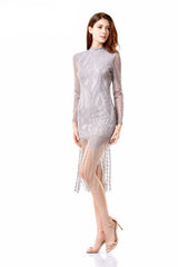 Sweet Like Honey Grey Long Sleeved Fringed Hem Mini Dress - Fashion Genie Boutique