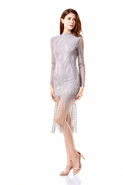 Sweet Like Honey Grey Long Sleeved Fringed Hem Mini Dress - Fashion Genie Boutique
