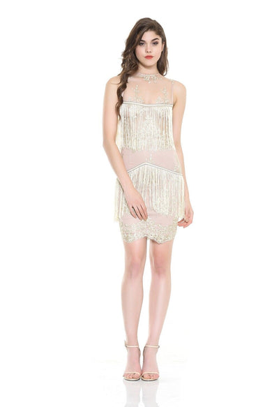 Hailie Gold & Nude Fringe Panel Mini Dress - Fashion Genie Boutique