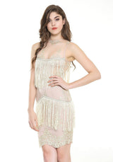 Hailie Gold & Nude Fringe Panel Mini Dress - Fashion Genie Boutique