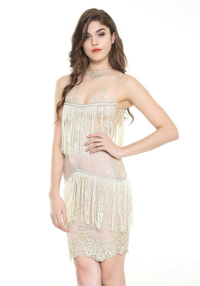 Hailie Gold & Nude Fringe Panel Mini Dress - Fashion Genie Boutique