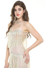 Hailie Gold & Nude Fringe Panel Mini Dress - Fashion Genie Boutique
