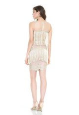 Hailie Gold & Nude Fringe Panel Mini Dress - Fashion Genie Boutique