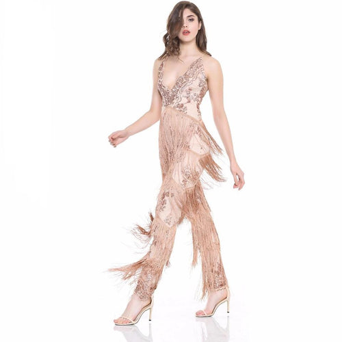 Gold Beauty Rose Gold Sequin Tassel Jumpsuit - Fashion Genie Boutique