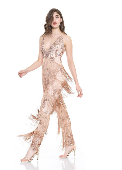 Gold Beauty Rose Gold Sequin Tassel Jumpsuit - Fashion Genie Boutique