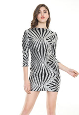 Midnight Wishes Silver & Black Glitter Long Sleeve Mini Party Dress - Fashion Genie Boutique