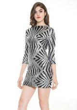 Midnight Wishes Silver & Black Glitter Long Sleeve Mini Party Dress - Fashion Genie Boutique