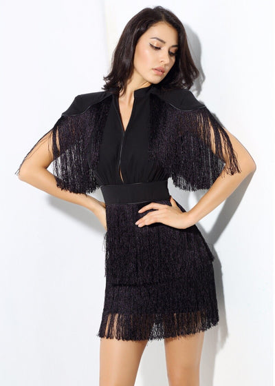 Simple Things Black Fringed Shoulder Mini Dress - Fashion Genie Boutique