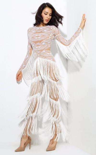 Confessions White Long Sleeved Tassel Fringed Jumpsuit - Fashion Genie Boutique
