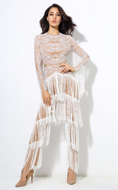 Confessions White Long Sleeved Tassel Fringed Jumpsuit - Fashion Genie Boutique