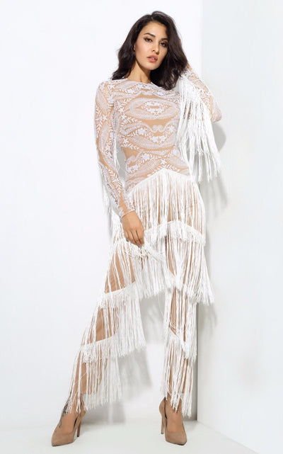 Confessions White Long Sleeved Tassel Fringed Jumpsuit - Fashion Genie Boutique