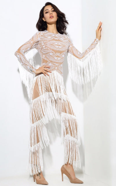 Confessions White Long Sleeved Tassel Fringed Jumpsuit - Fashion Genie Boutique