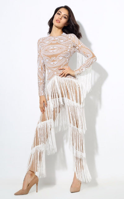 Confessions White Long Sleeved Tassel Fringed Jumpsuit - Fashion Genie Boutique