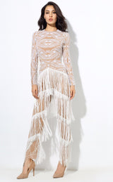 Confessions White Long Sleeved Tassel Fringed Jumpsuit - Fashion Genie Boutique