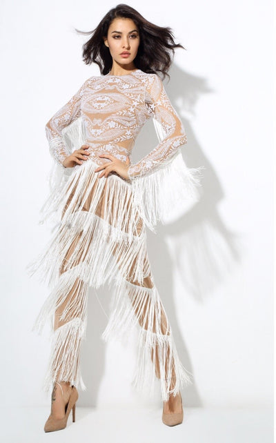 Confessions White Long Sleeved Tassel Fringed Jumpsuit - Fashion Genie Boutique