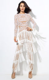 Confessions White Long Sleeved Tassel Fringed Jumpsuit - Fashion Genie Boutique