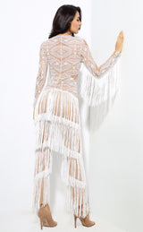 Confessions White Long Sleeved Tassel Fringed Jumpsuit - Fashion Genie Boutique