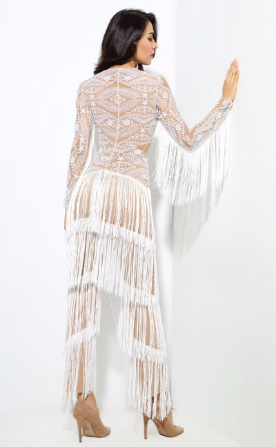 Confessions White Long Sleeved Tassel Fringed Jumpsuit - Fashion Genie Boutique