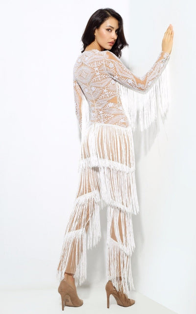 Confessions White Long Sleeved Tassel Fringed Jumpsuit - Fashion Genie Boutique