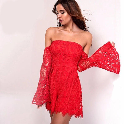 Bootylicious Red Bardot Long Flared Sleeve Playsuit - Fashion Genie Boutique