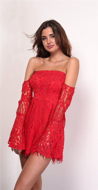Bootylicious Red Bardot Long Flared Sleeve Playsuit - Fashion Genie Boutique