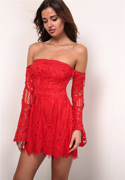 Bootylicious Red Bardot Long Flared Sleeve Playsuit - Fashion Genie Boutique