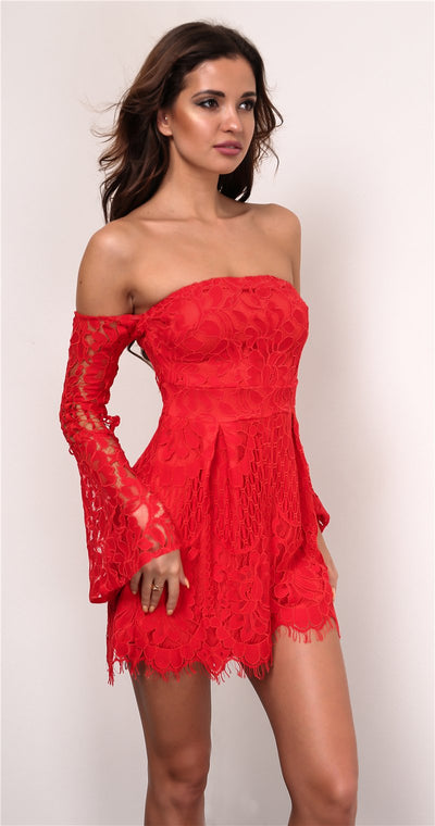 Bootylicious Red Bardot Long Flared Sleeve Playsuit - Fashion Genie Boutique